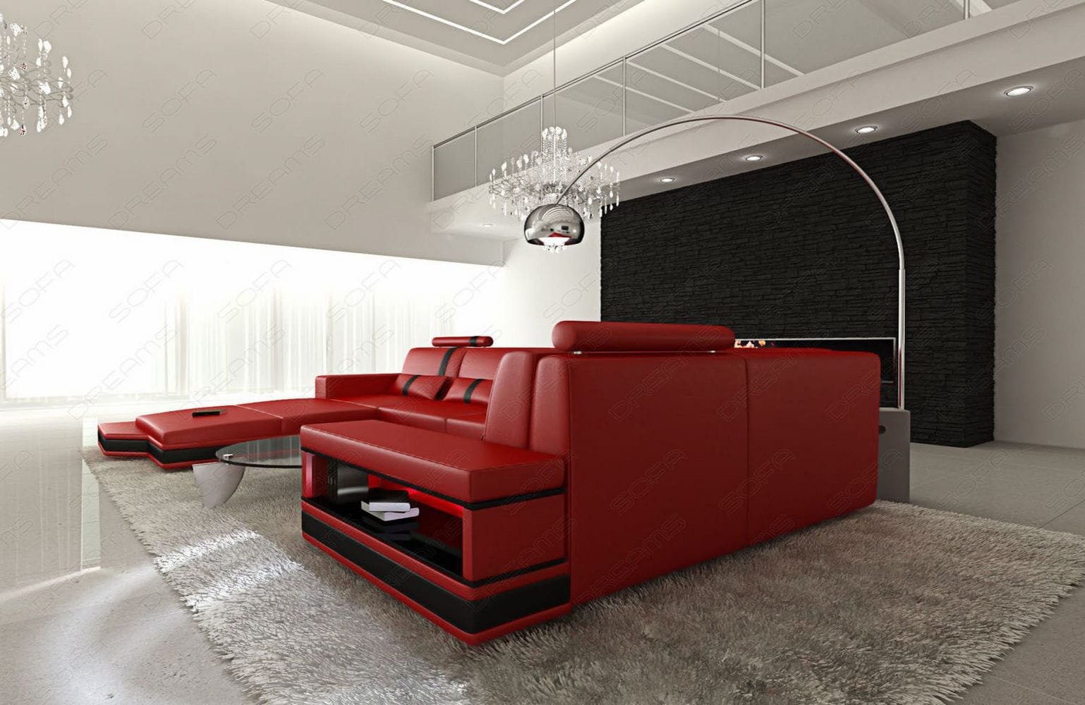 Ledersofa Wohnlandschaft Messana rot-schwarz