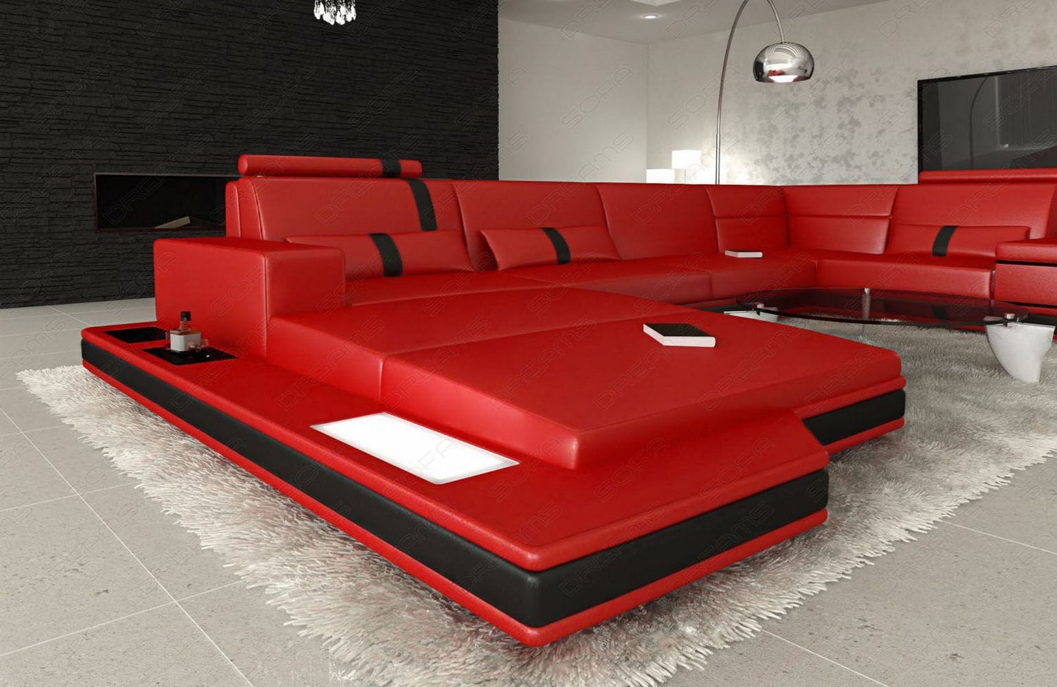 Ledersofa Wohnlandschaft Messana rot-schwarz