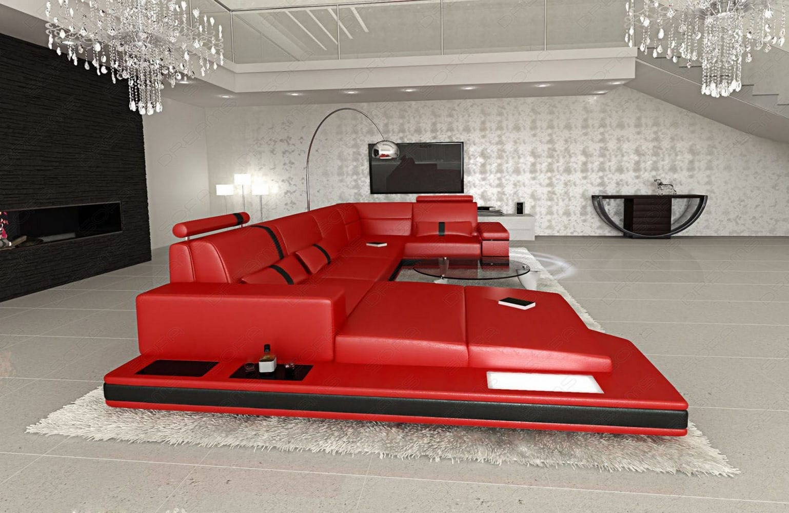 Ledersofa Wohnlandschaft Messana rot-schwarz