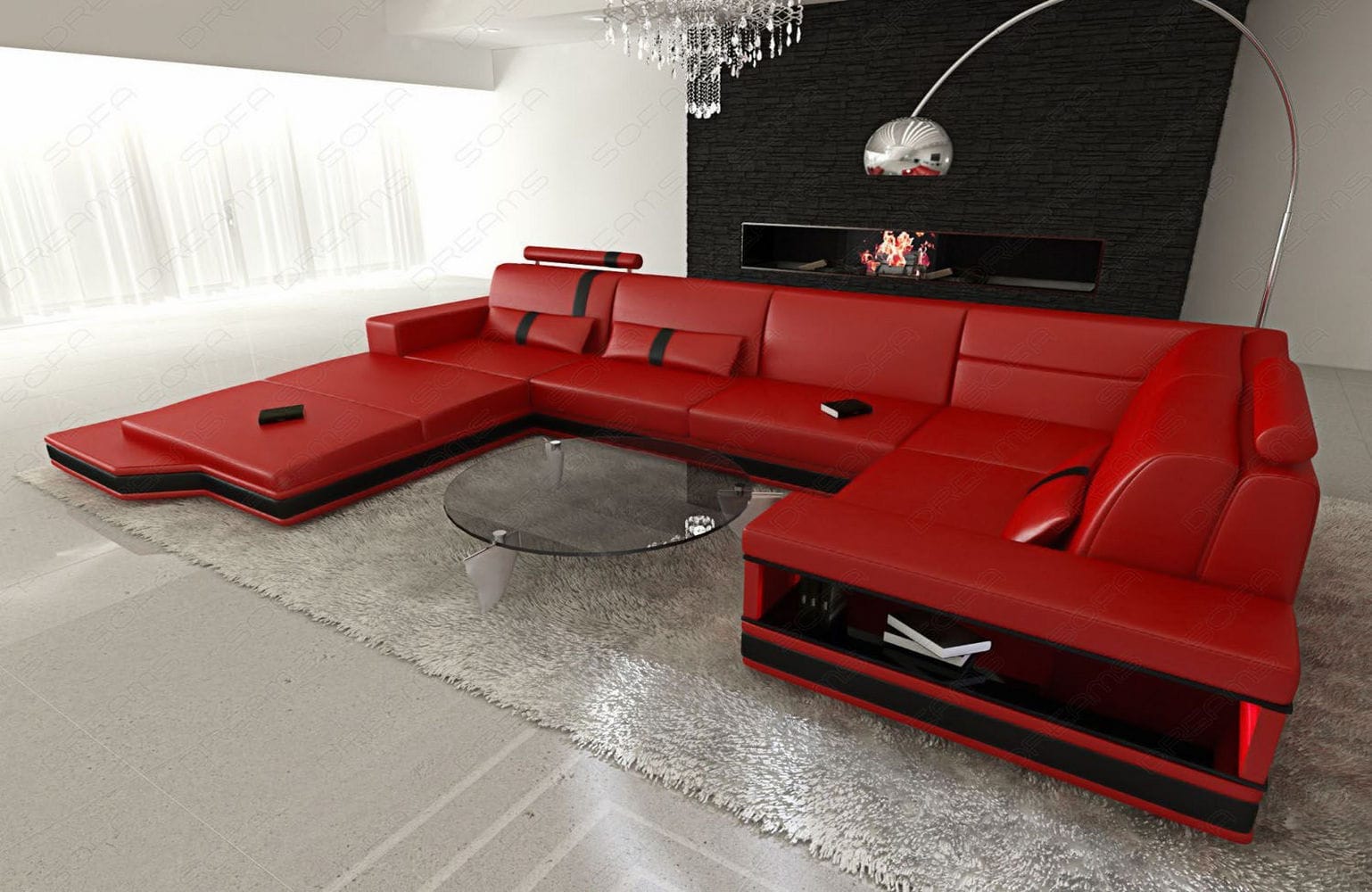 Ledersofa Wohnlandschaft Messana rot-schwarz