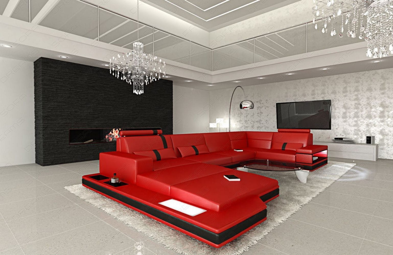 Ledersofa Wohnlandschaft Messana rot-schwarz