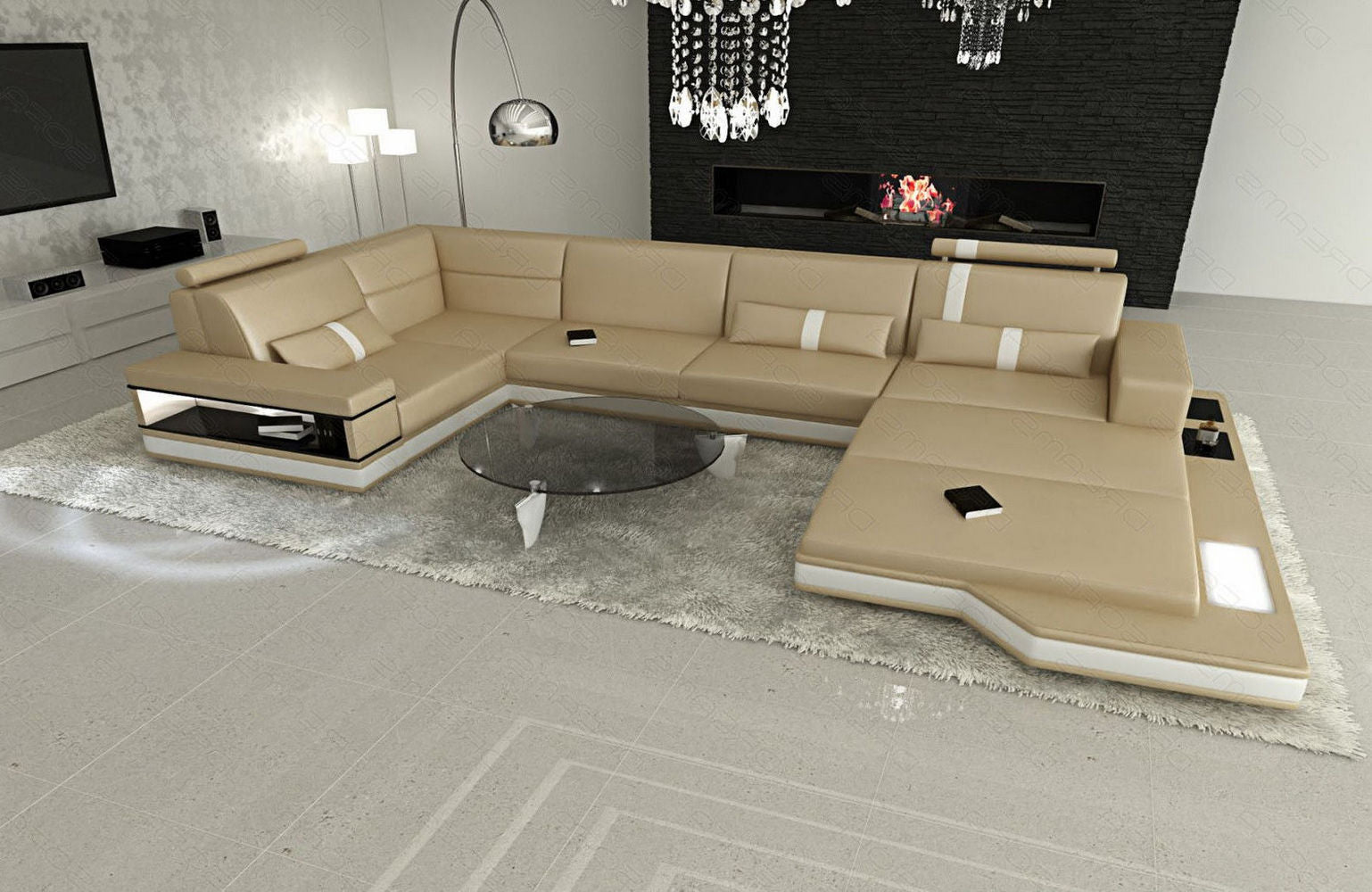 Ledersofa Wohnlandschaft Messana sandbeige-weiß