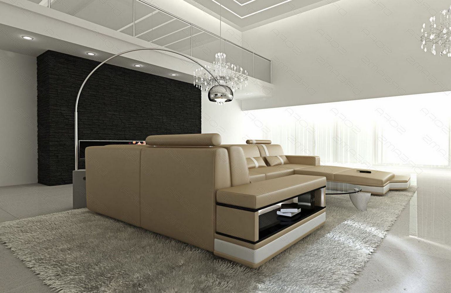 Ledersofa Wohnlandschaft Messana sandbeige-weiß