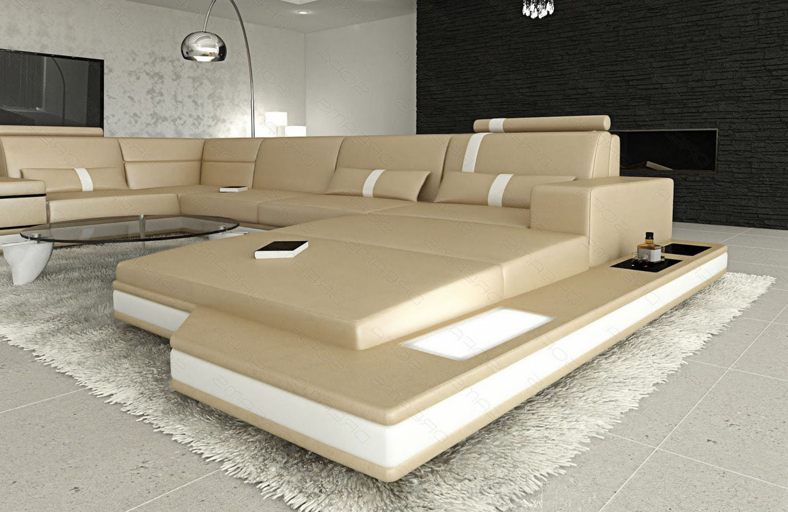 Ledersofa Wohnlandschaft Messana sandbeige-weiß