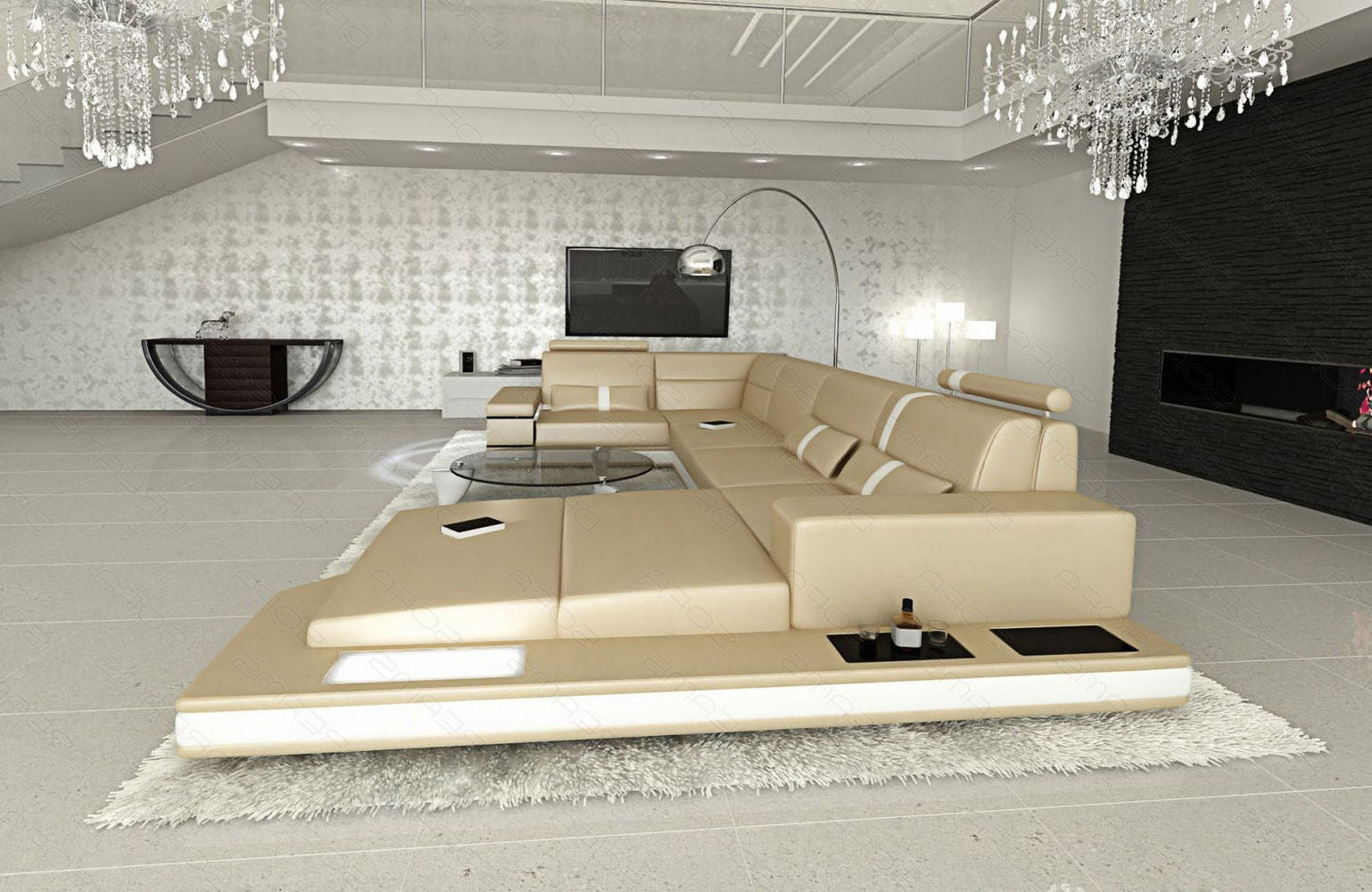 Ledersofa Wohnlandschaft Messana sandbeige-weiß