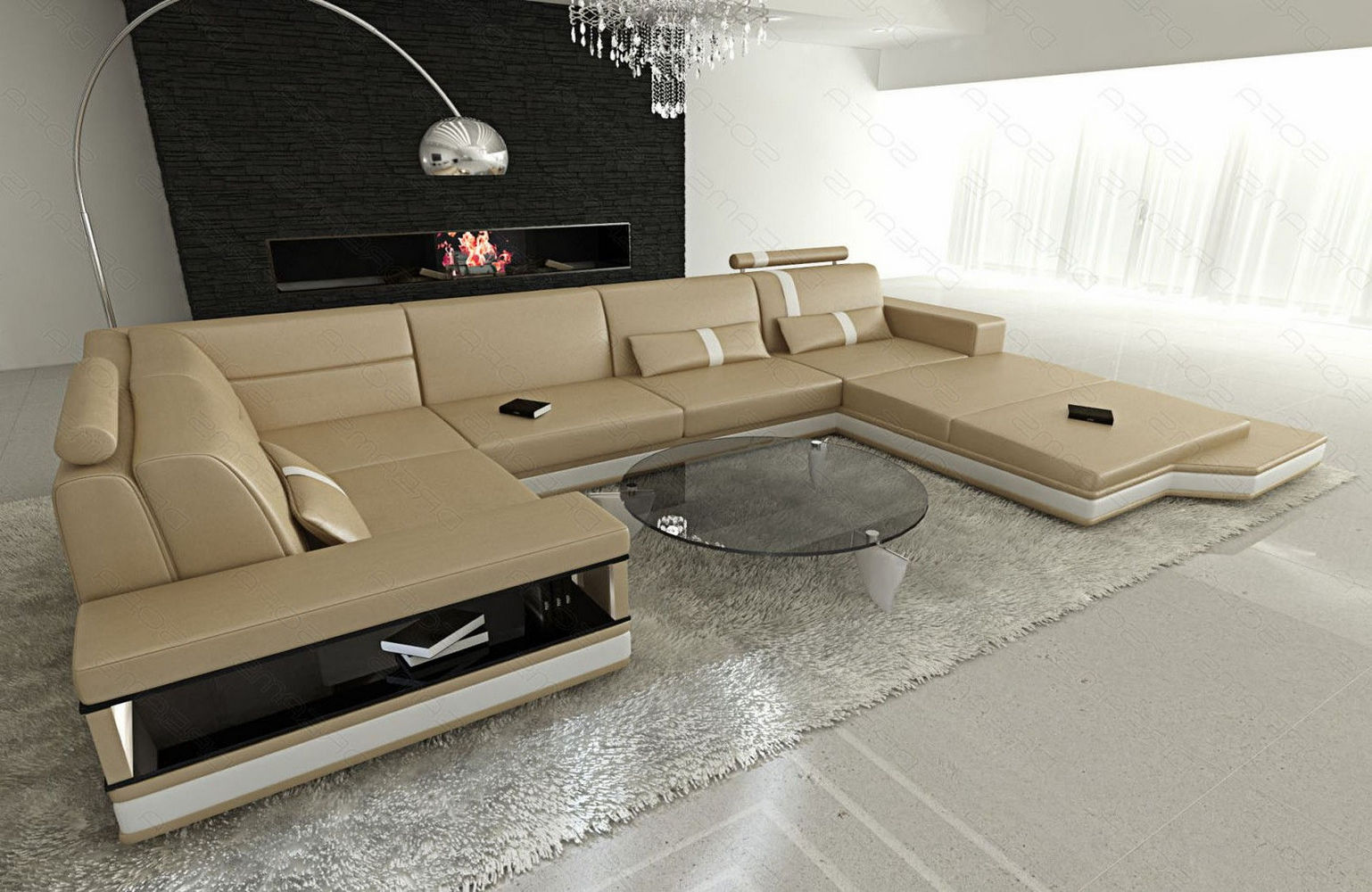 Ledersofa Wohnlandschaft Messana sandbeige-weiß