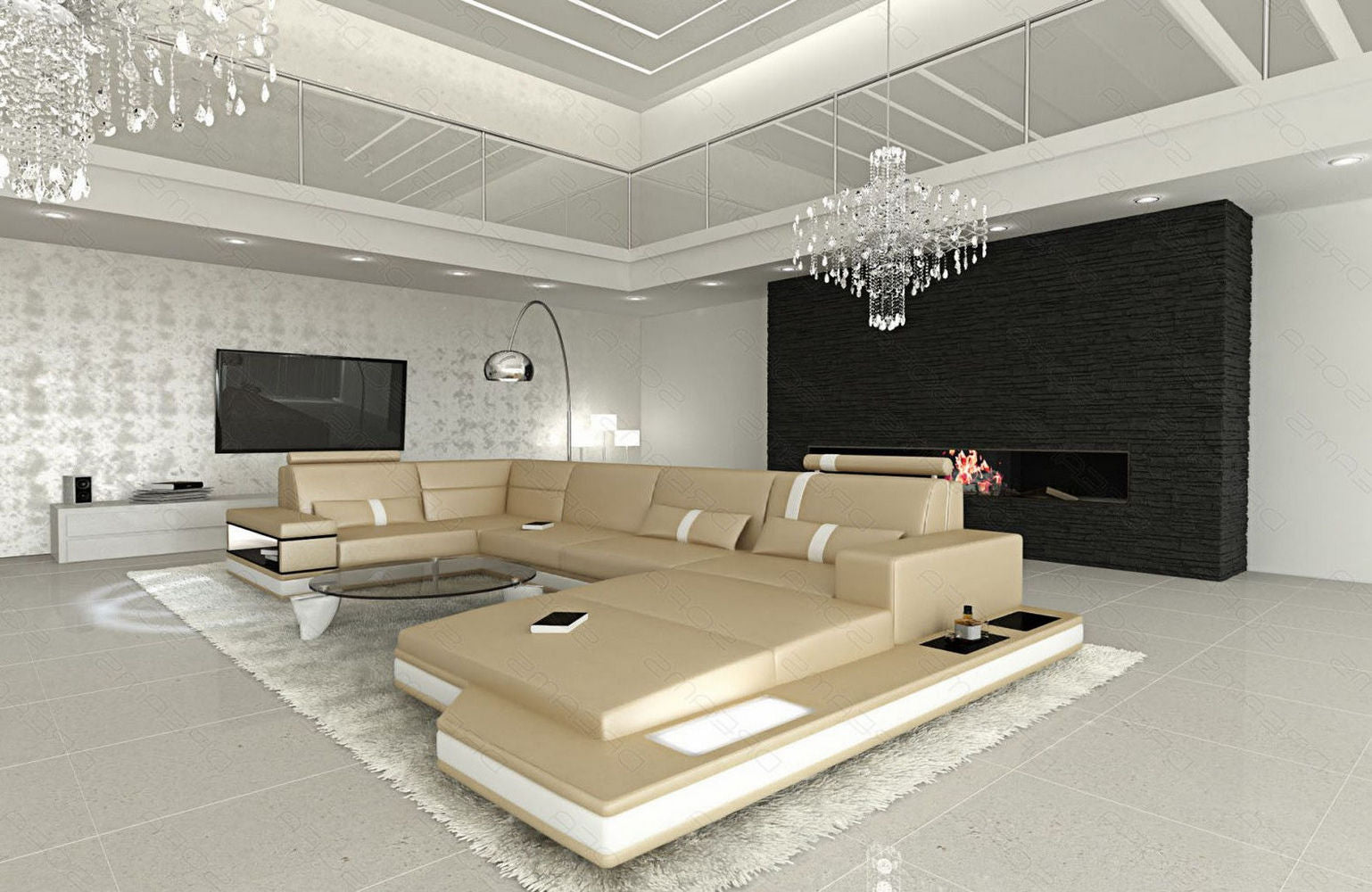 Ledersofa Wohnlandschaft Messana sandbeige-weiß