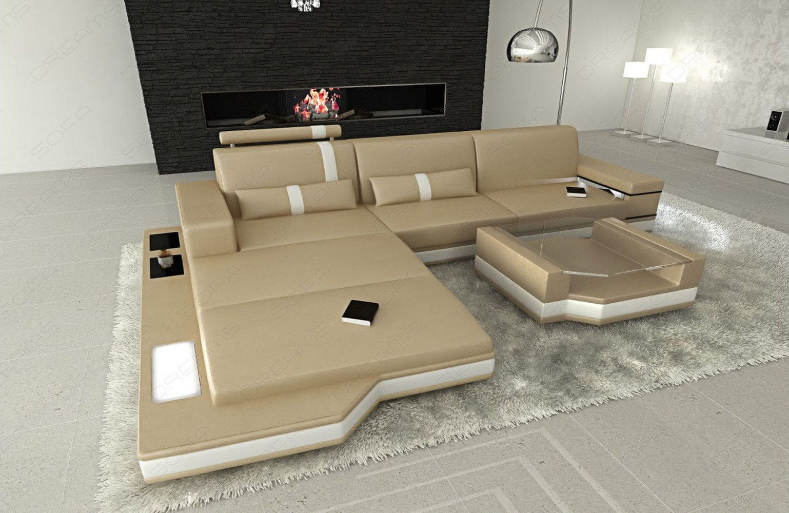 Mini Ecksofa Messana L-Form aus Leder Sandbeige-Weiß