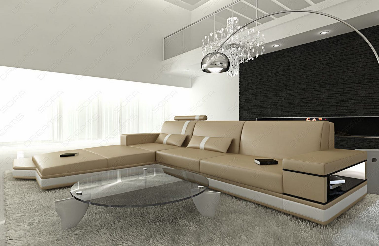 Mini Ecksofa Messana L-Form aus Leder Sandbeige-Weiß