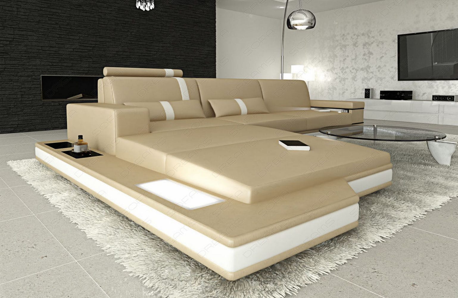 Mini Ecksofa Messana L-Form aus Leder Sandbeige-Weiß