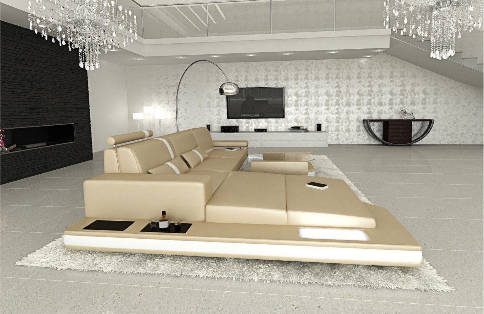 Mini Ecksofa Messana L-Form aus Leder Sandbeige-Weiß