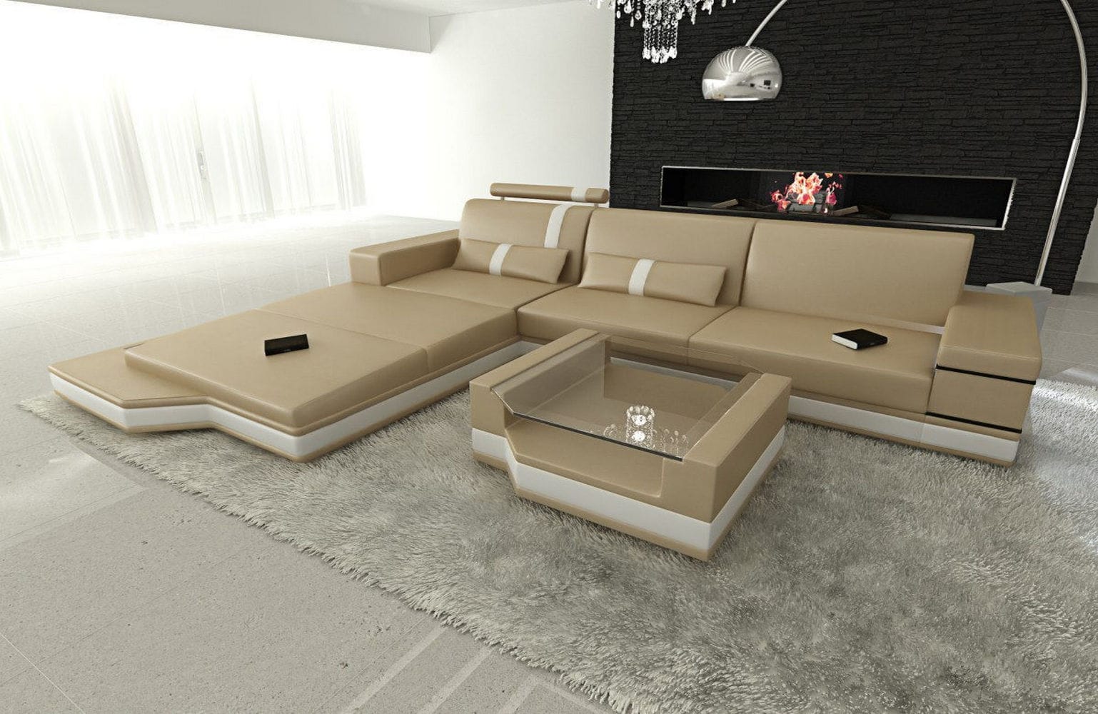 Mini Ecksofa Messana L-Form aus Leder Sandbeige-Weiß