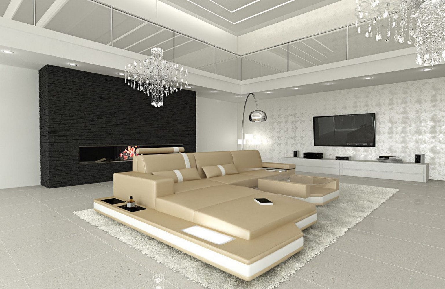 Mini Ecksofa Messana L-Form aus Leder Sandbeige-Weiß