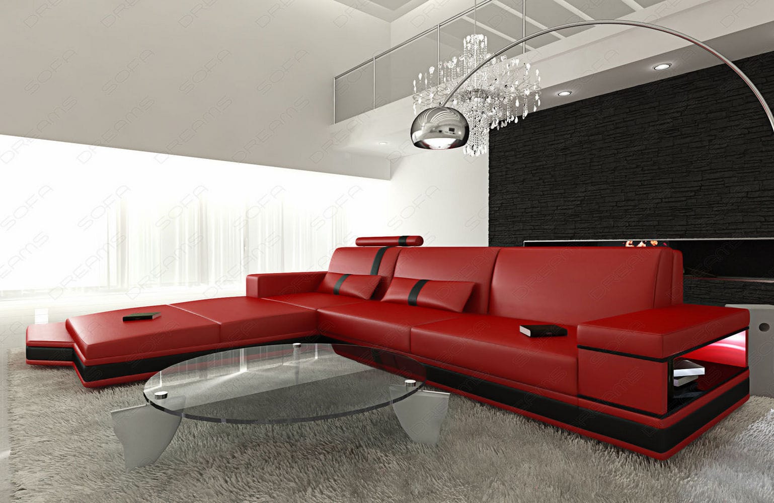 Mini Ecksofa Messana L-Form aus Leder rot-schwarz