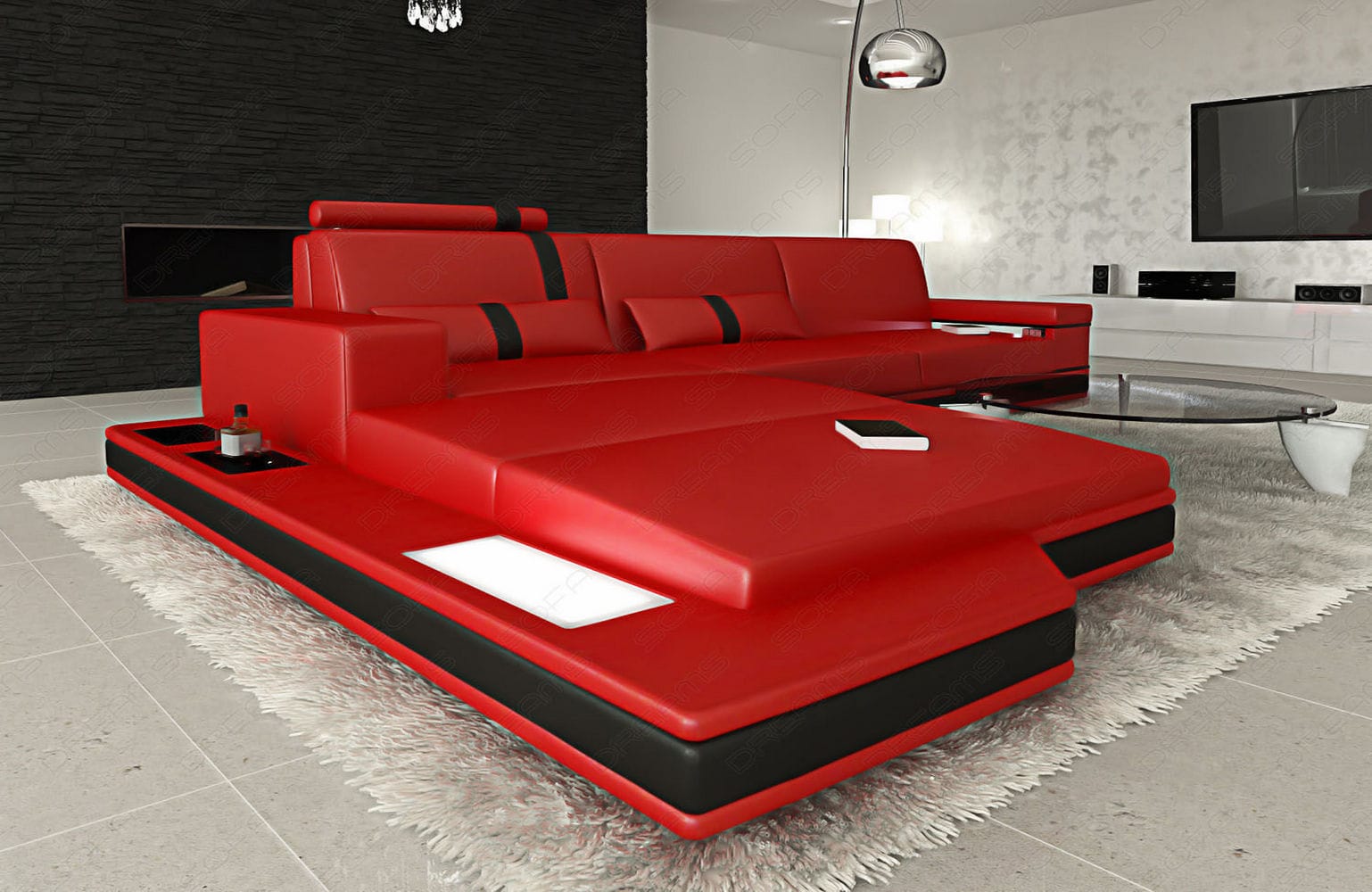 Mini Ecksofa Messana L-Form aus Leder rot-schwarz