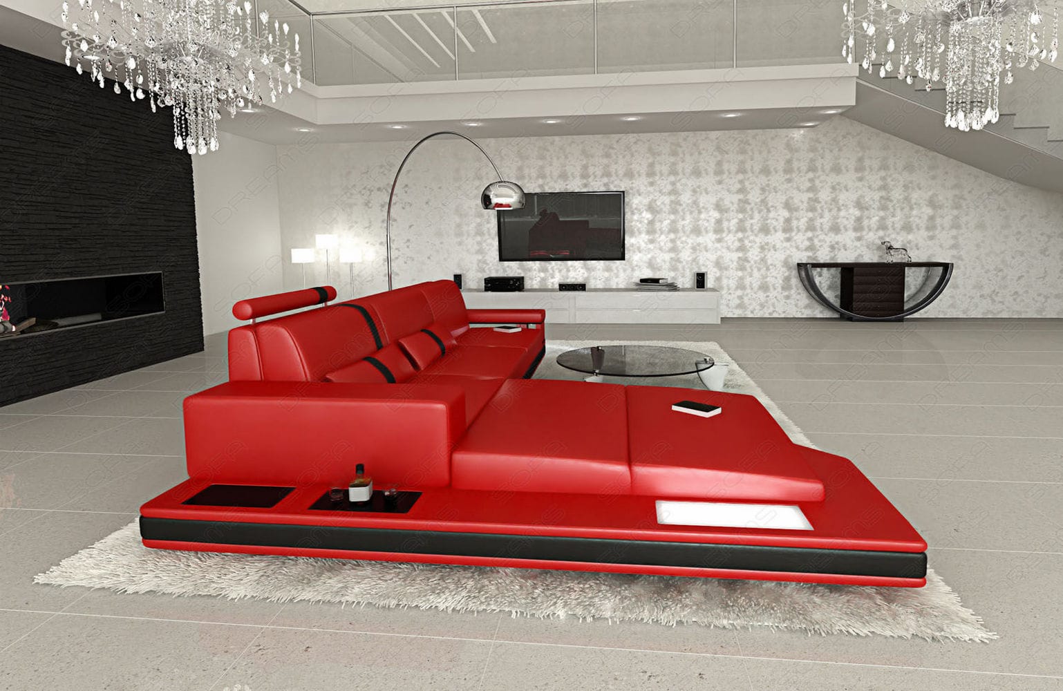 Mini Ecksofa Messana L-Form aus Leder rot-schwarz