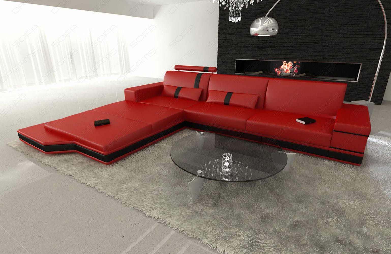 Mini Ecksofa Messana L-Form aus Leder rot-schwarz