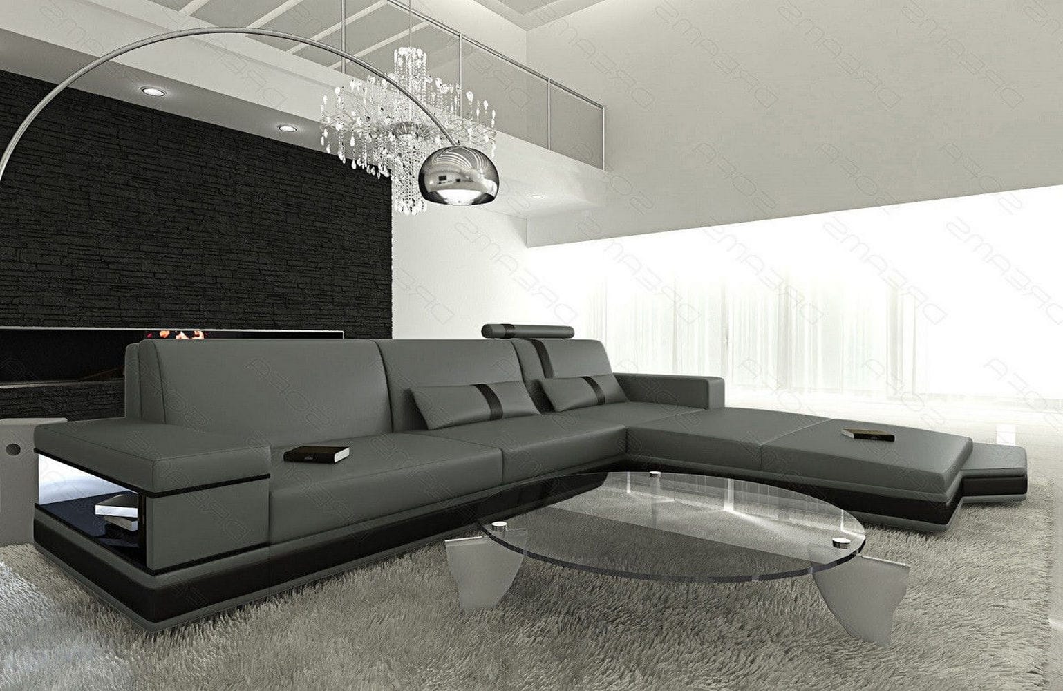 Mini Ecksofa Messana L Form aus Leder grau-schwarz