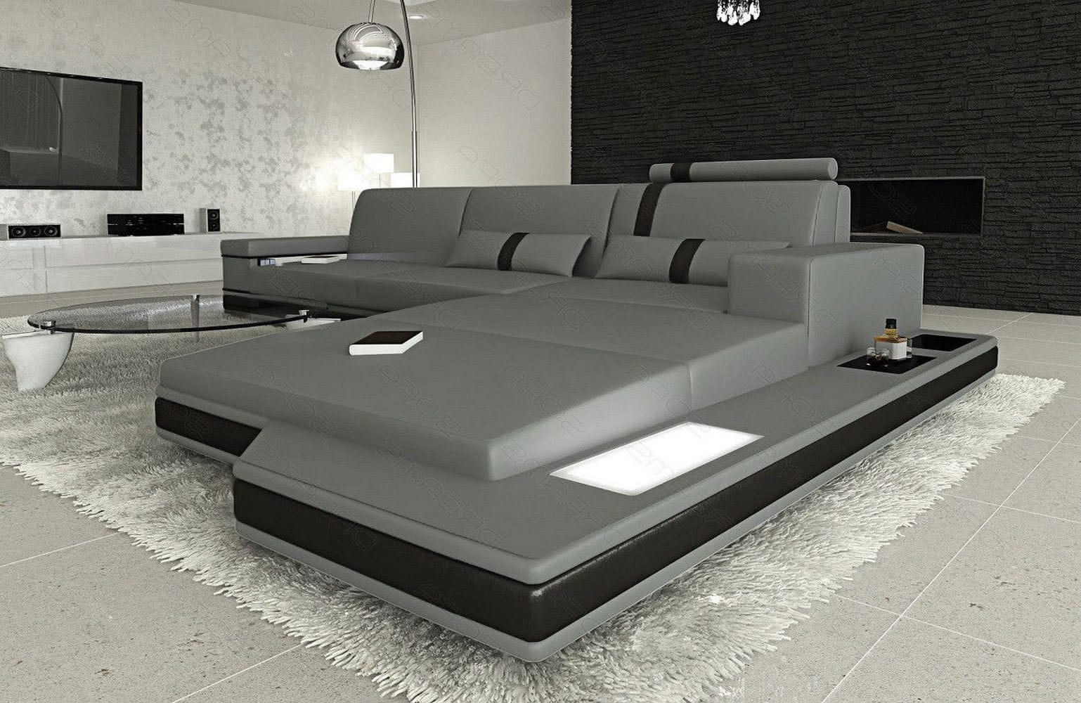 Mini Ecksofa Messana L Form aus Leder grau-schwarz
