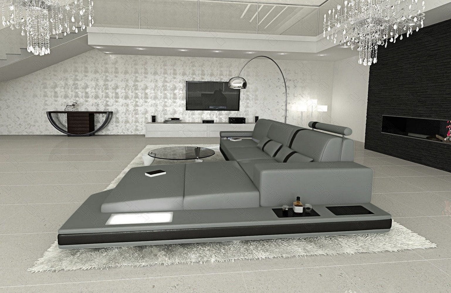 Mini Ecksofa Messana L Form aus Leder grau-schwarz