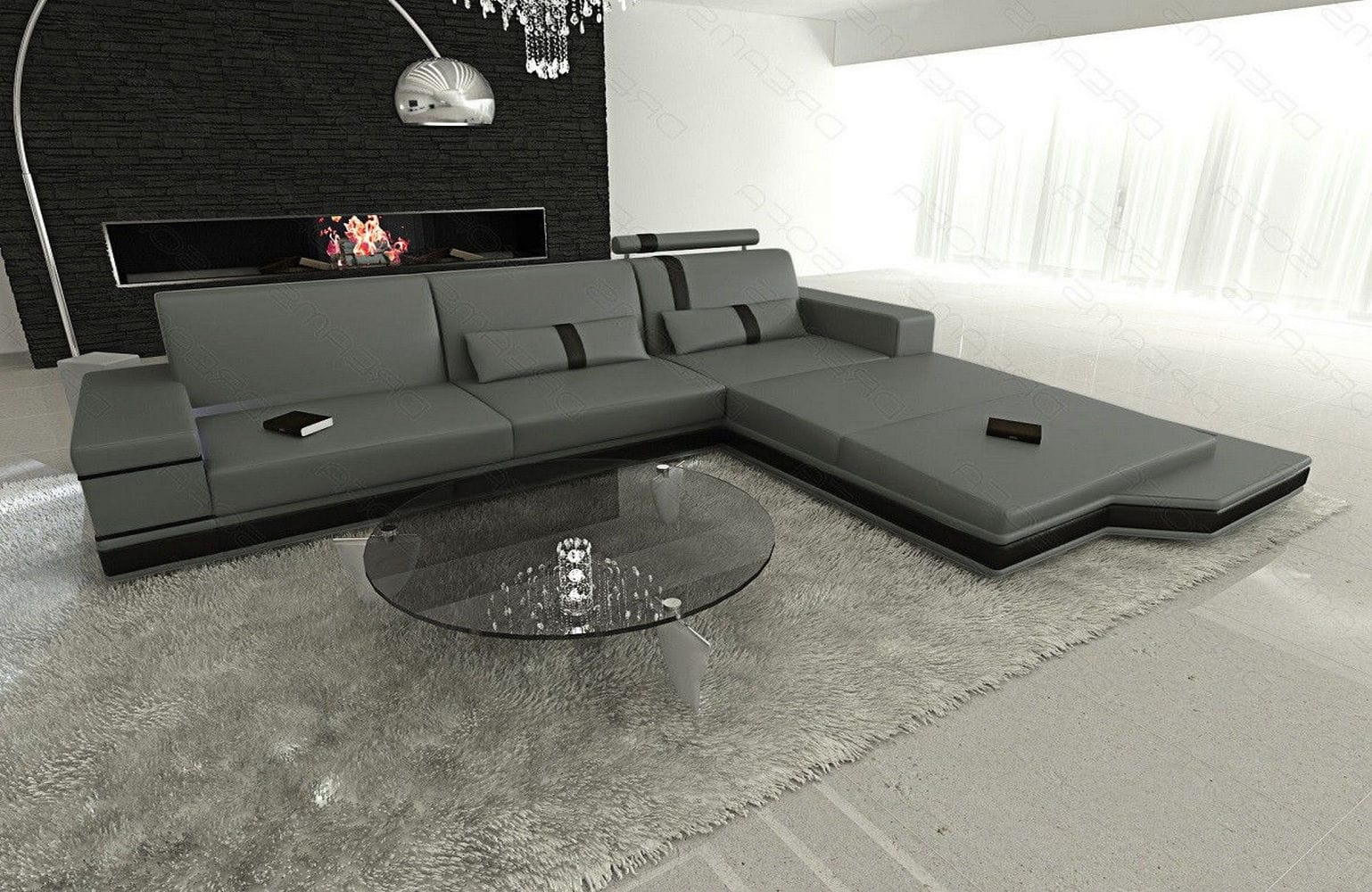 Mini Ecksofa Messana L Form aus Leder grau-schwarz