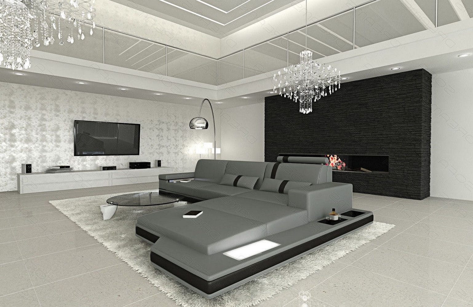 Mini Ecksofa Messana L Form aus Leder grau-schwarz