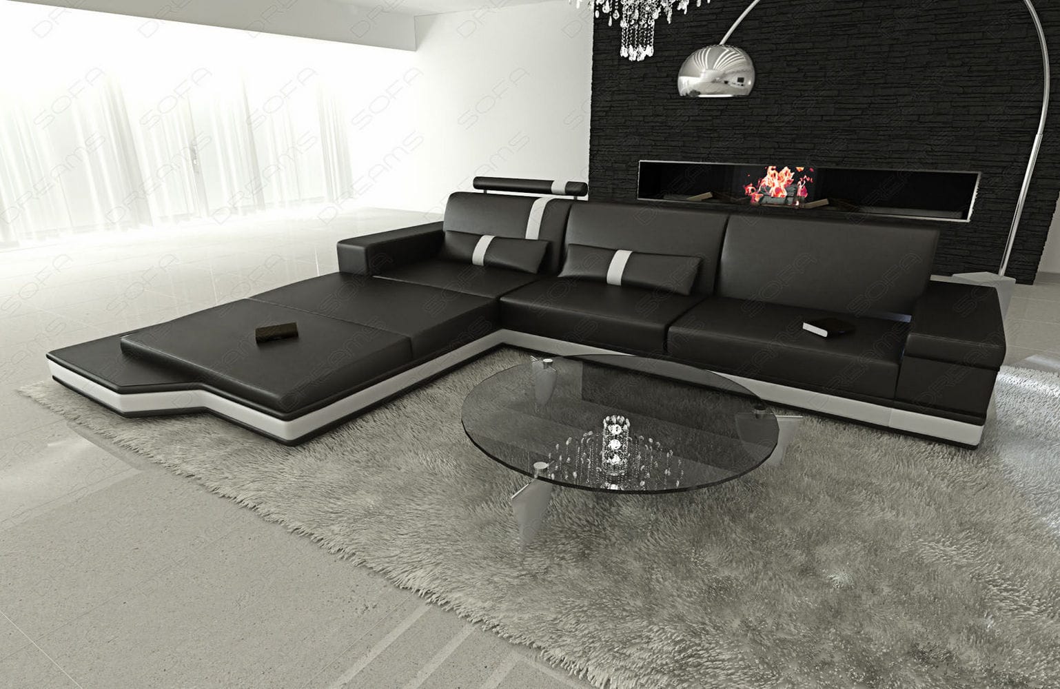 Mini Ecksofa Messana L-Form aus Leder Schwarz-Weiß