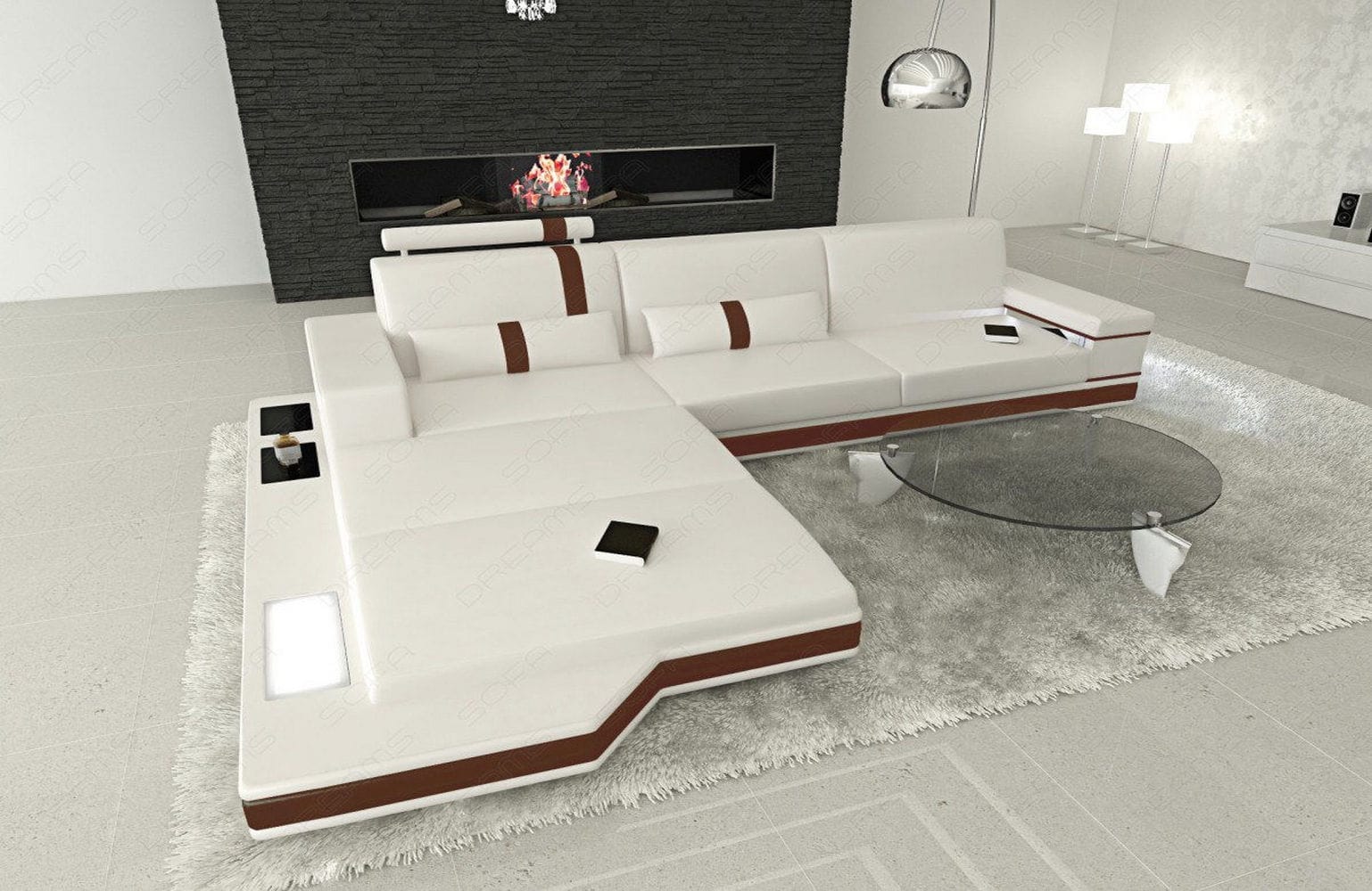 Mini Ecksofa Messana L-Form aus Leder Weiß-Dunkelbraun