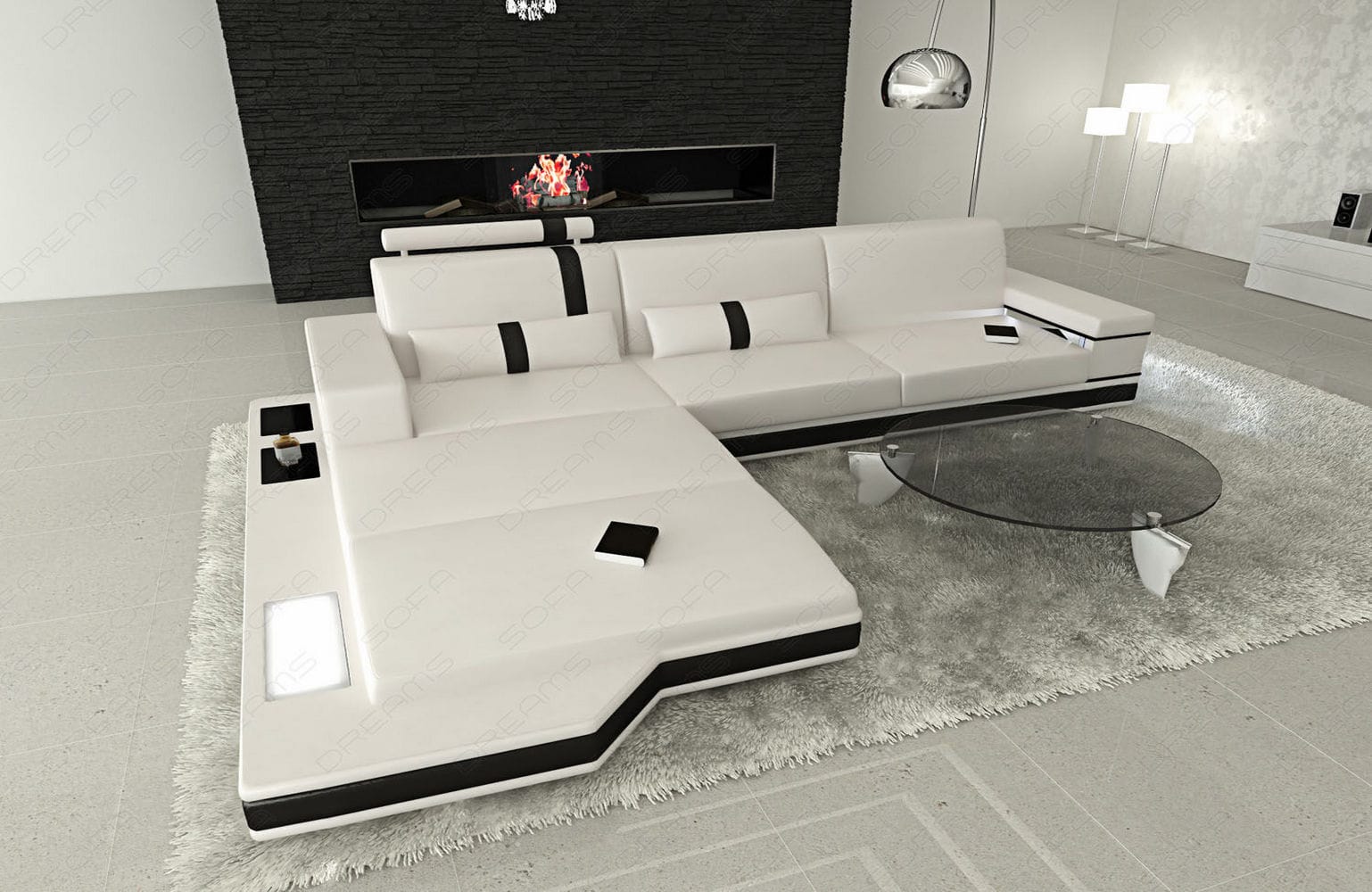 Mini Ecksofa Messana L-Form aus Leder Weiß-Schwarz