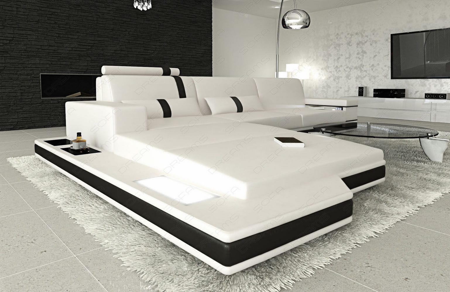 Mini Ecksofa Messana L-Form aus Leder Weiß-Schwarz