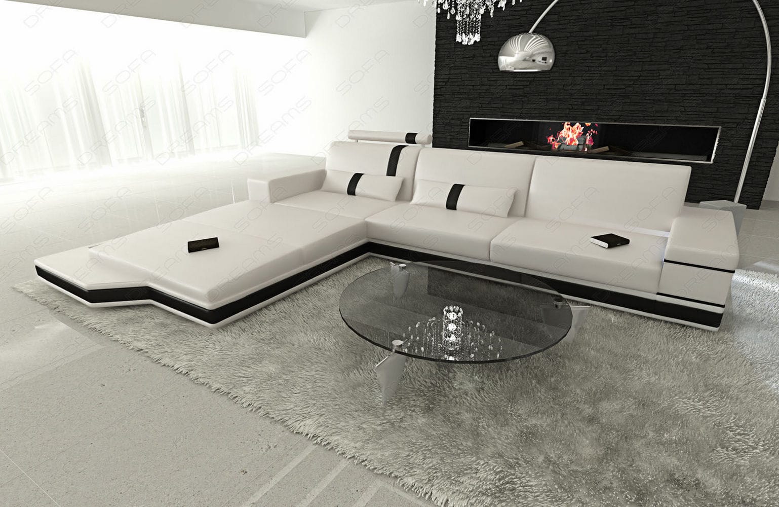 Mini Ecksofa Messana L-Form aus Leder Weiß-Schwarz