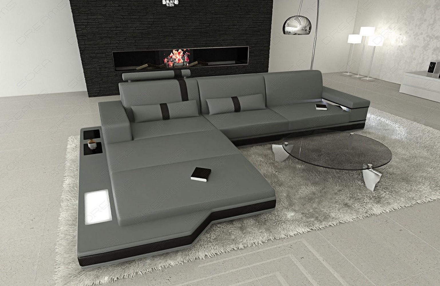Mini Ecksofa Messana L-Form aus Leder Grau-Schwarz