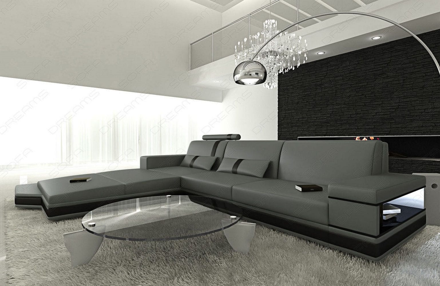 Mini Ecksofa Messana L-Form aus Leder Grau-Schwarz