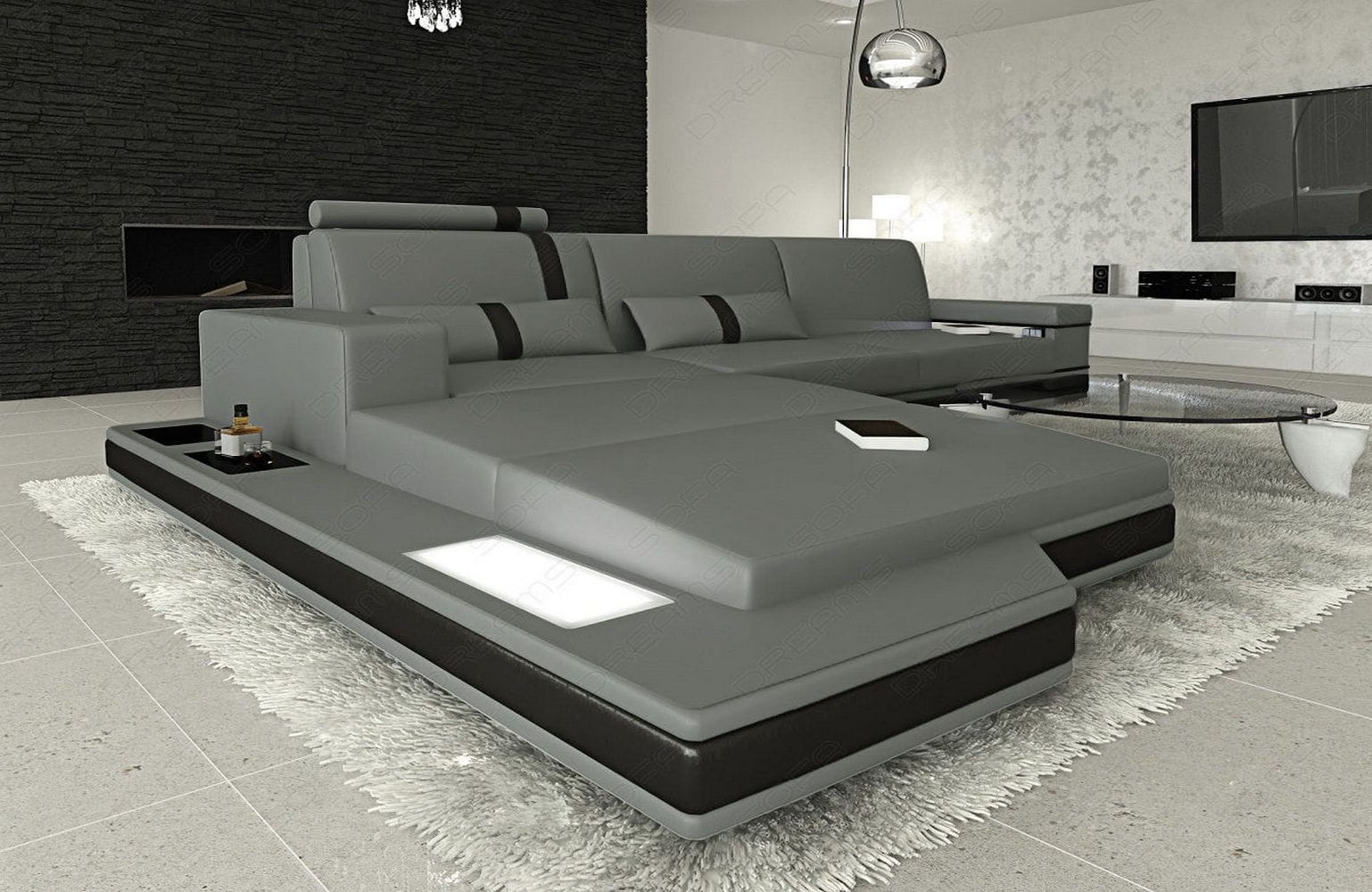 Mini Ecksofa Messana L-Form aus Leder Grau-Schwarz