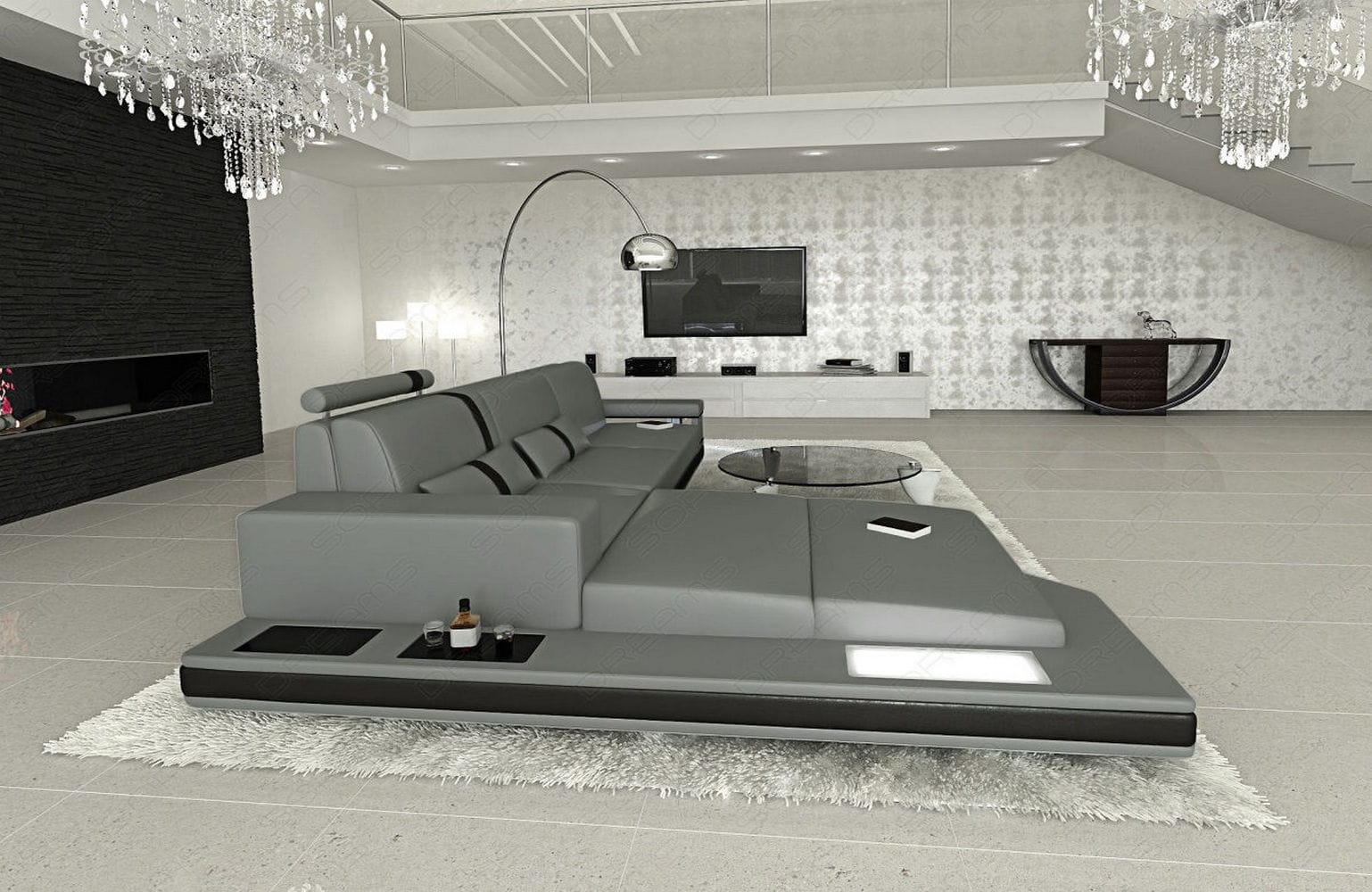 Mini Ecksofa Messana L-Form aus Leder Grau-Schwarz