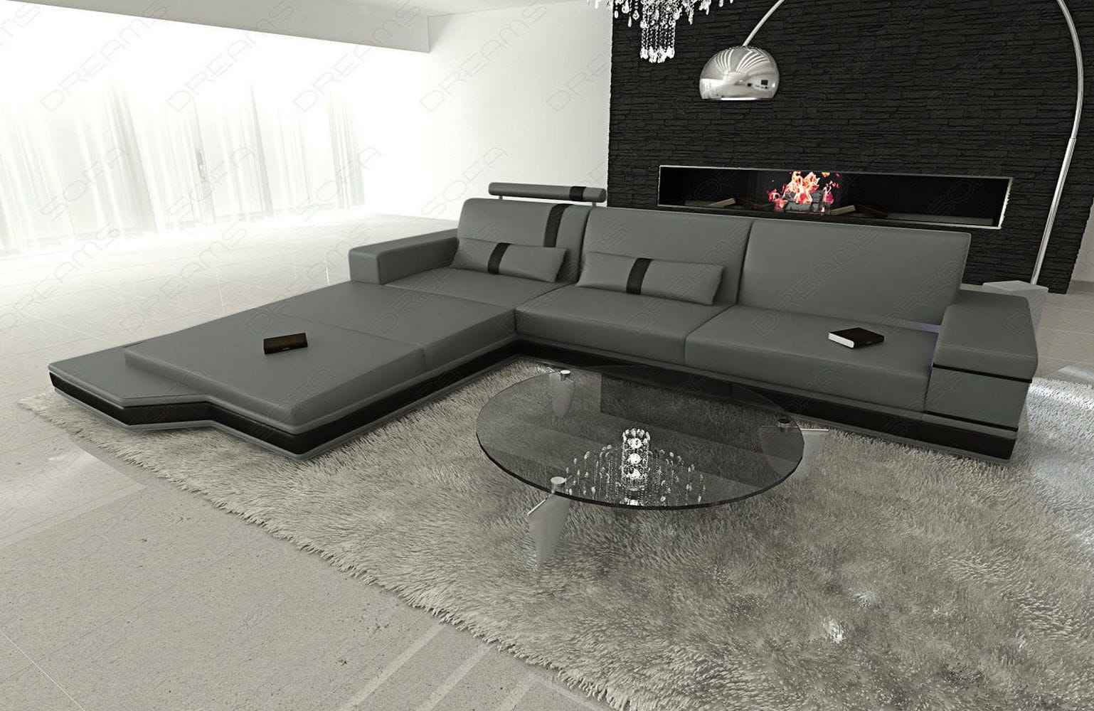 Mini Ecksofa Messana L-Form aus Leder Grau-Schwarz