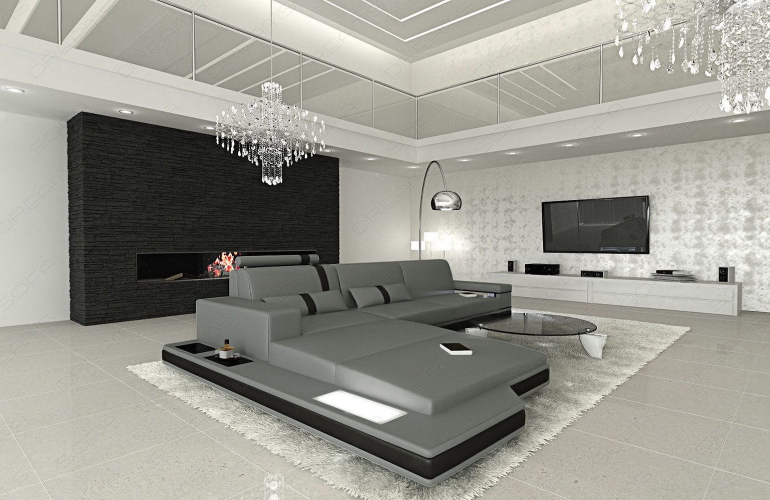Mini Ecksofa Messana L-Form aus Leder Grau-Schwarz