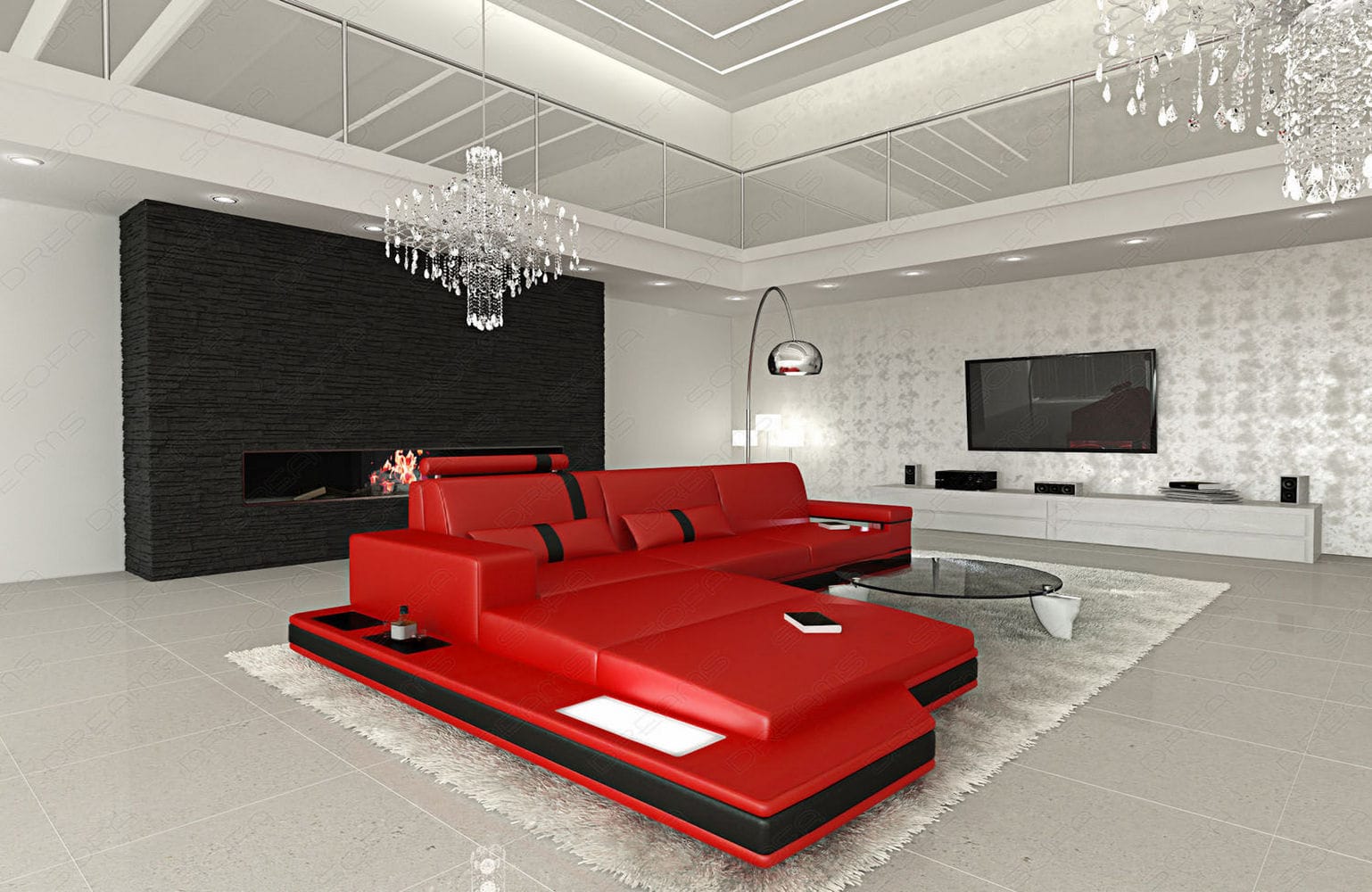 Mini Ecksofa Messana L-Form aus Leder Rot-Schwarz