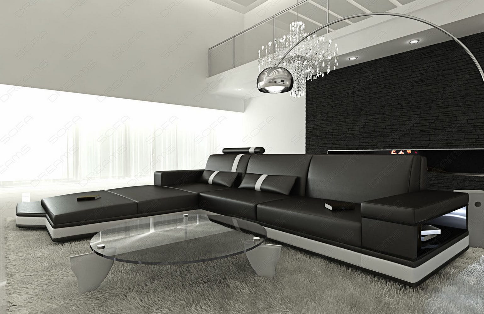 Couch Messana L-Form in Leder schwarz-weiß