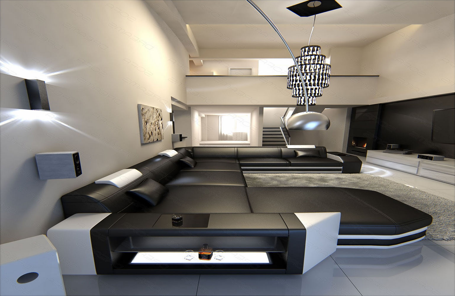 Mini Mega Wohnlandschaft Prato XXL mit LED-Beleuchtung Schwarz-Weiß