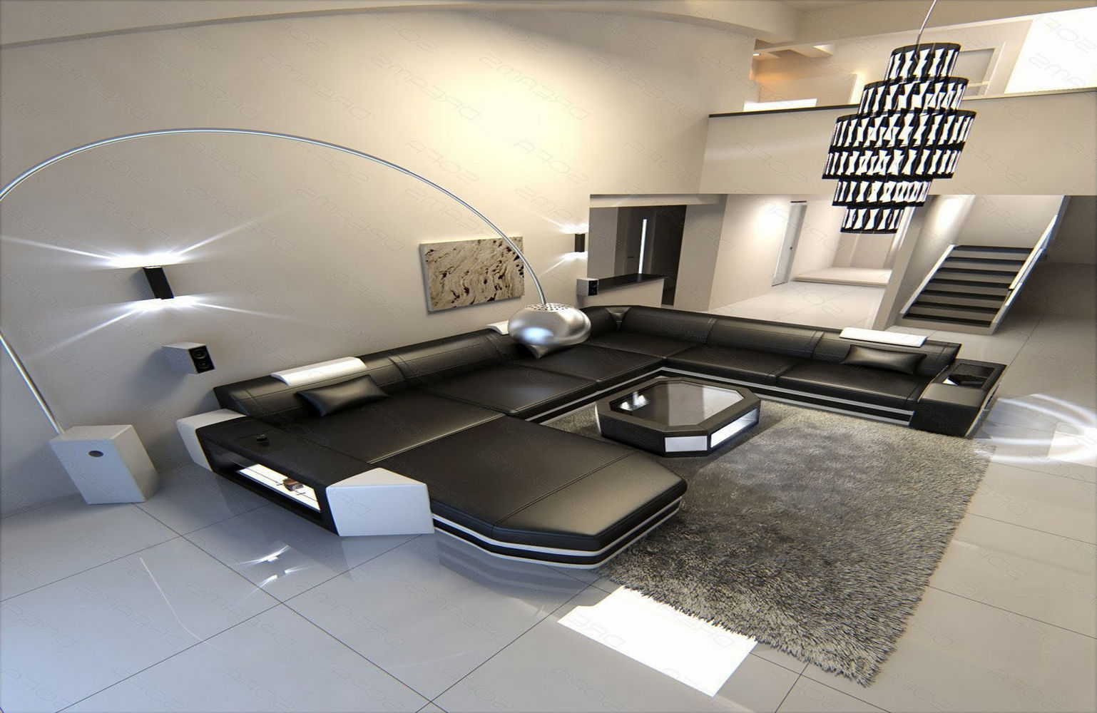 Mini Mega Wohnlandschaft Prato XXL mit LED-Beleuchtung Schwarz-Weiß