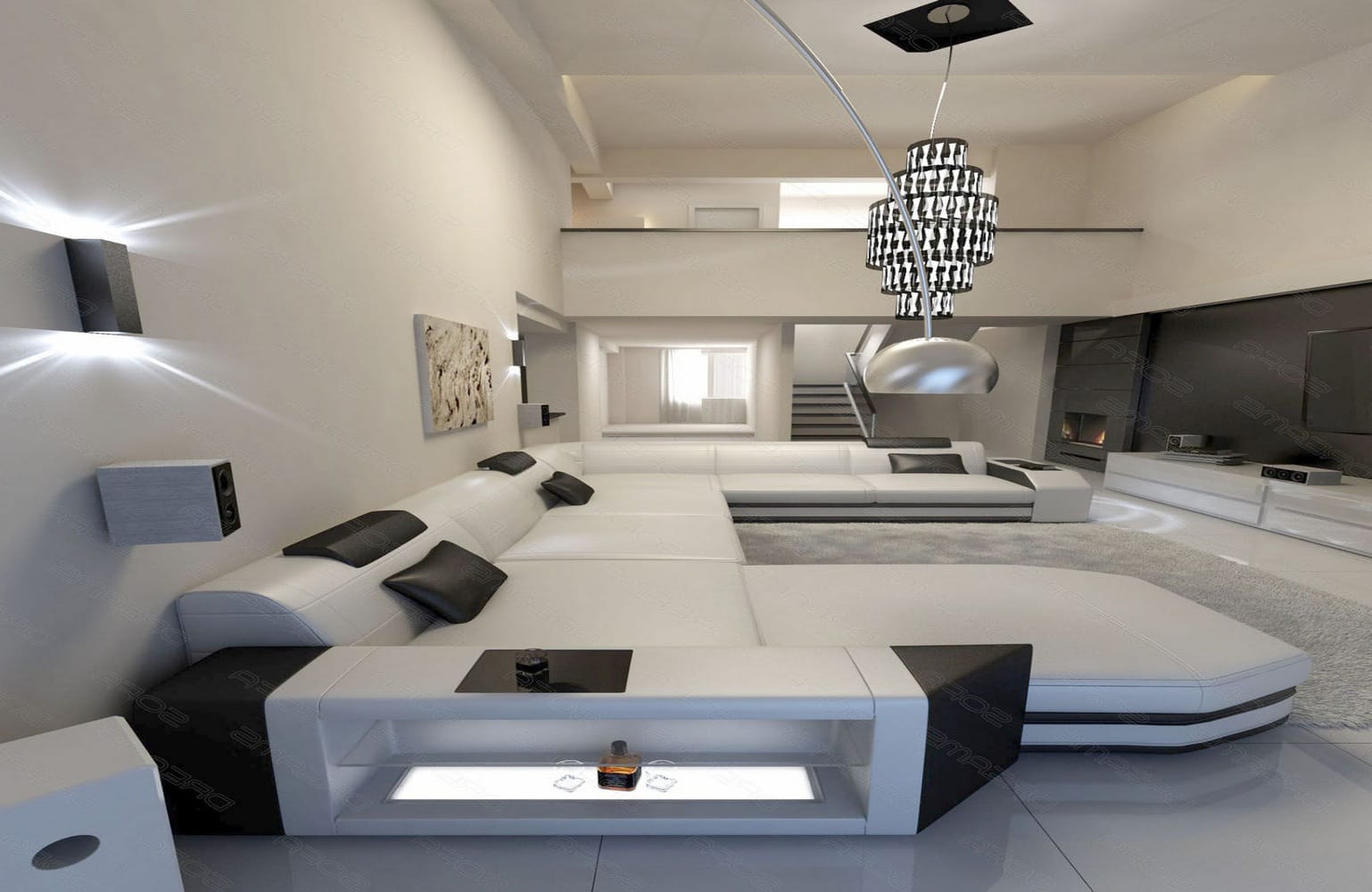 Mega Wohnlandschaft Prato XXL mit LED weiß-schwarz