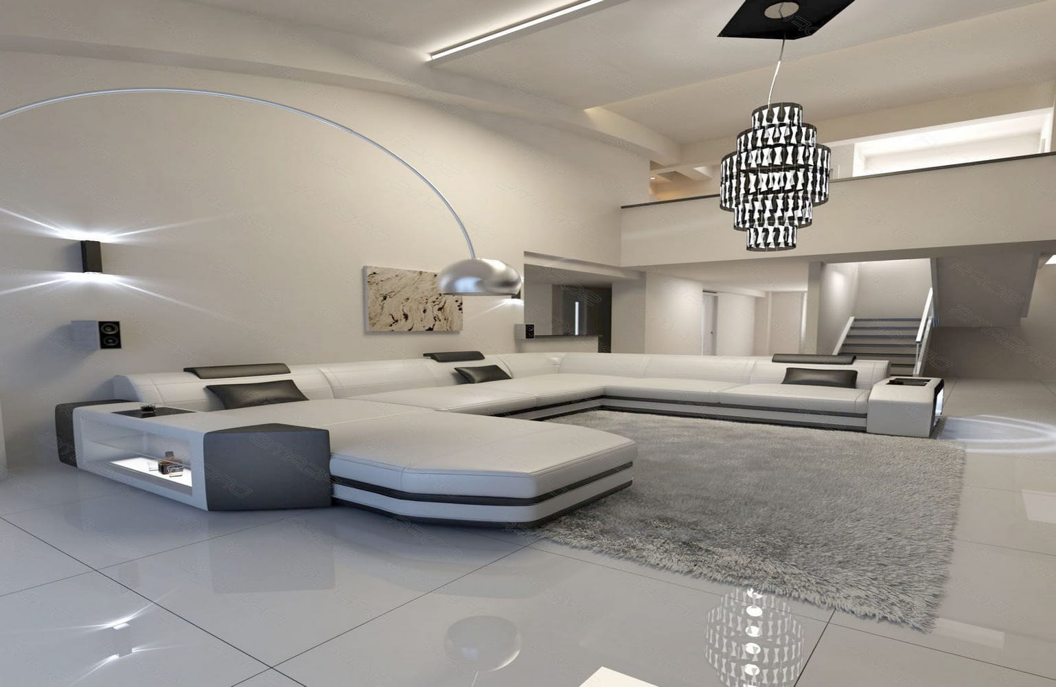 Mega Wohnlandschaft Prato XXL mit LED weiß-schwarz