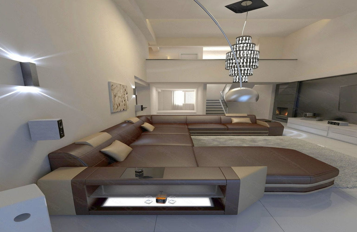XXL Wohnlandschaft Mega Prato U-Form in Leder dunkelbraun-sandbeige