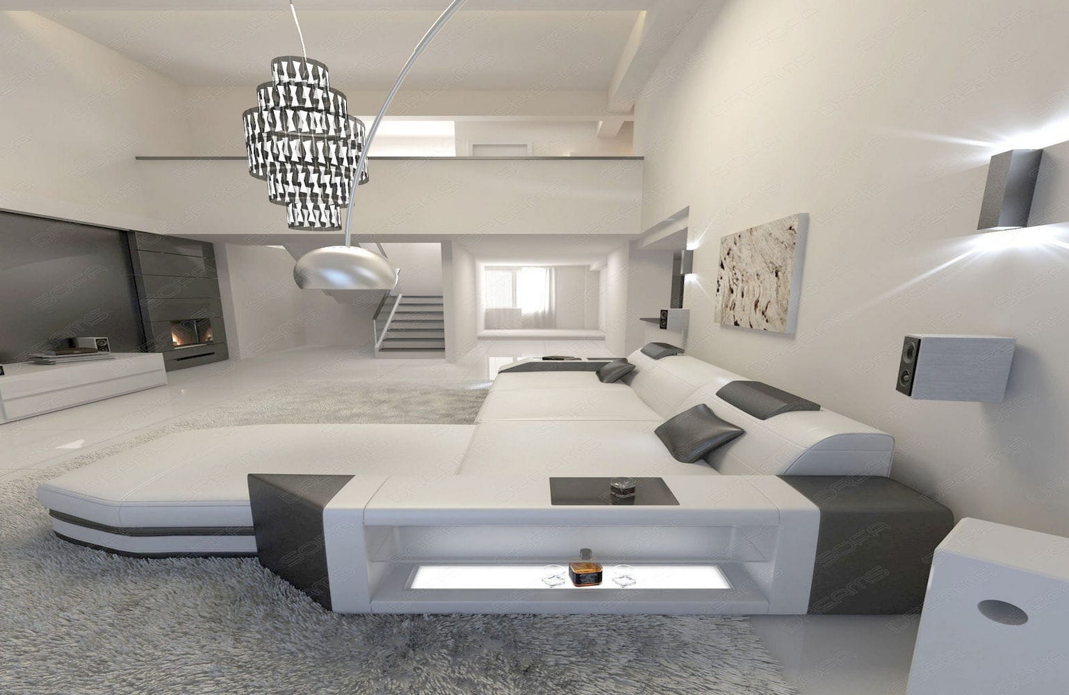 Mini Ecksofa Prato L-Form in Leder Weiß-Schwarz