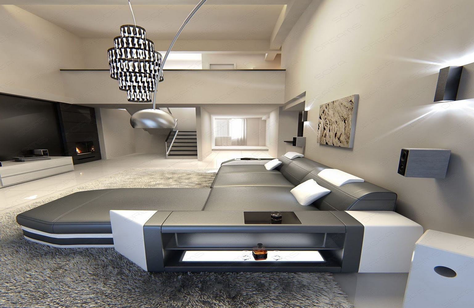 Mini Ecksofa Prato L-Form in Leder Grau-Weiß