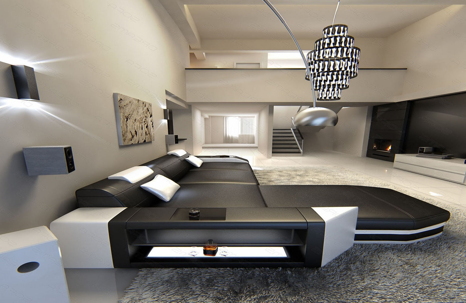 Mini Designersofa Prato L-Form mit LED-Beleuchtung Schwarz-Weiß