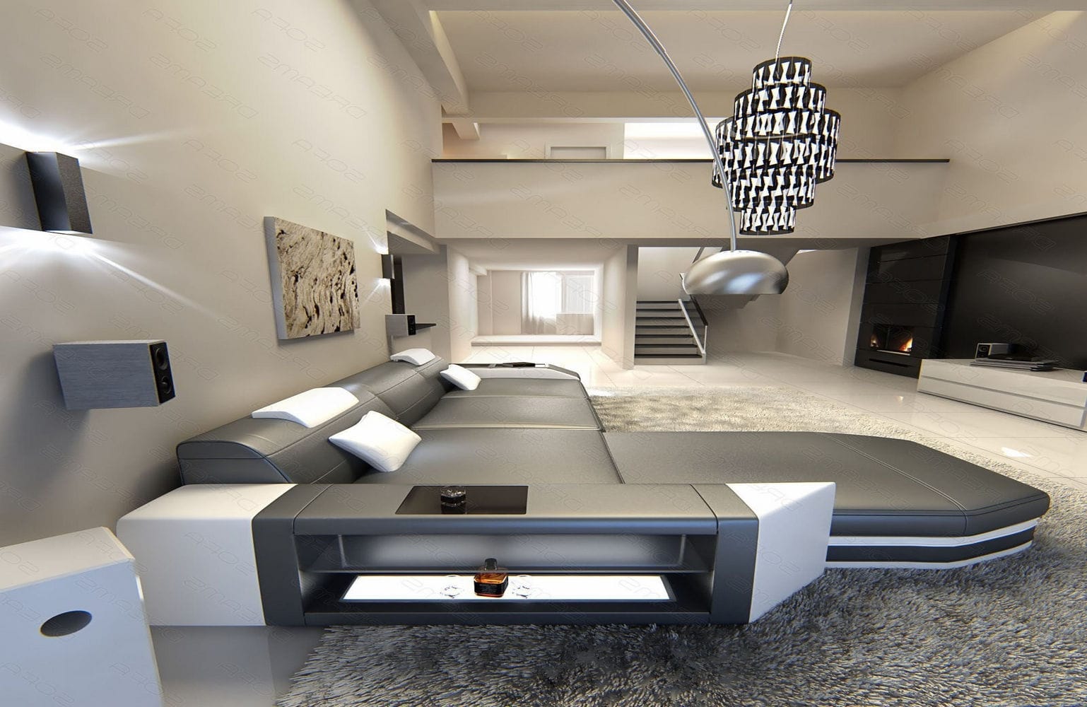 Mini Ecksofa Prato L-Form in Leder Grau-Weiß
