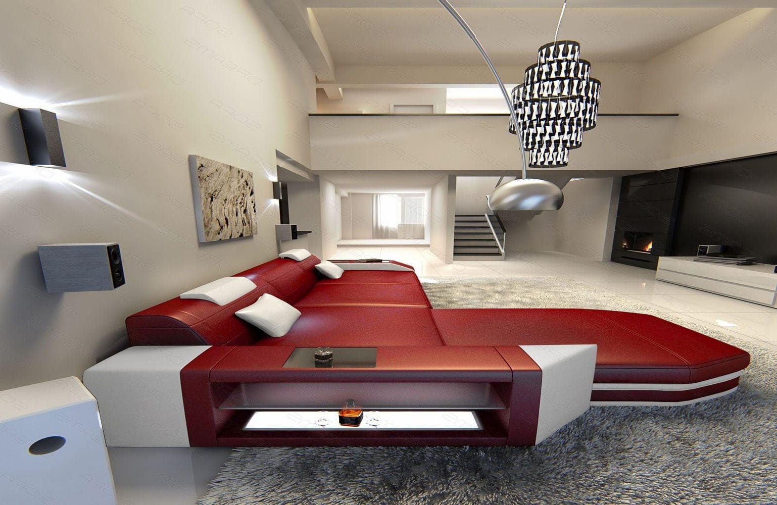 Mini Ecksofa Prato L-Form in Leder Rot-Weiß