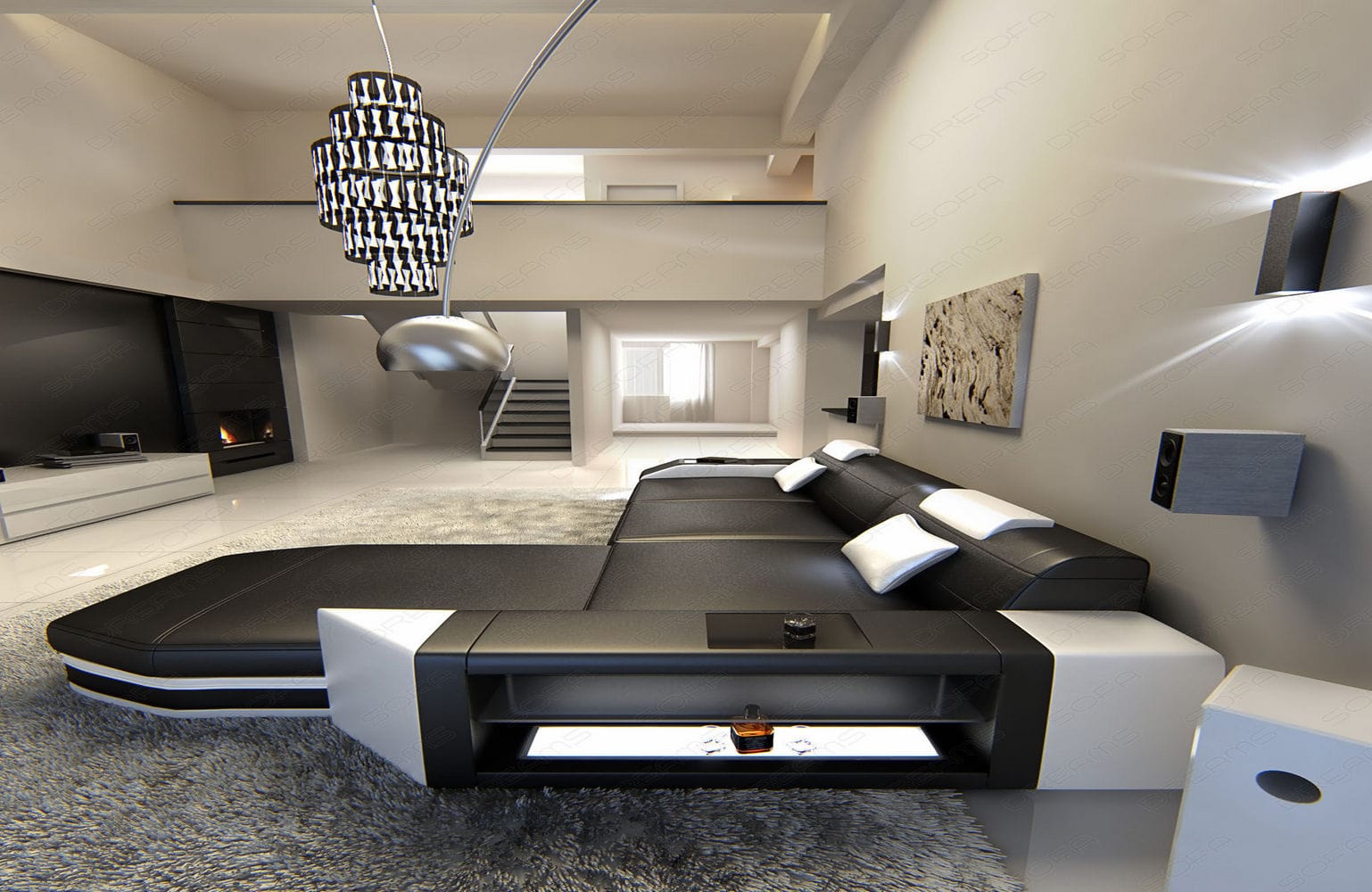 Designersofa Prato L-Form mit LED schwarz-weiß